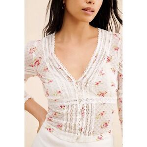 Free People Kika Printed Top Floral Lace Cardigan White Pink M Coquette Cutecore